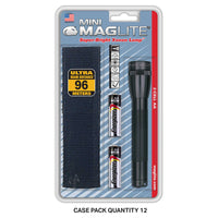Mini Maglite Xenon flashlight holster pack in blister packaging showing dark fabric holster and flashlight