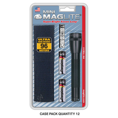Mini Maglite Xenon flashlight holster pack in blister packaging showing dark fabric holster and flashlight