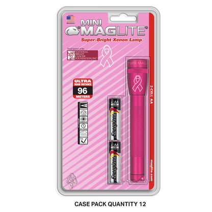 Pink Mini Maglite AAA Xenon flashlight in blister packaging with National Breast Cancer Foundation branding