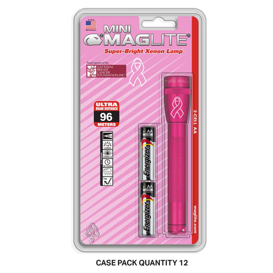 Pink Mini Maglite AAA Xenon flashlight in blister packaging with National Breast Cancer Foundation branding