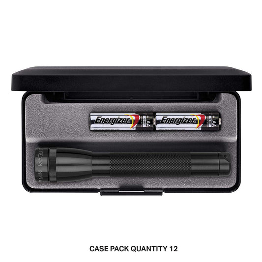 Open case containing a Mini Maglite Xenon 2AA and two Energizer AA batteries in a foam tray