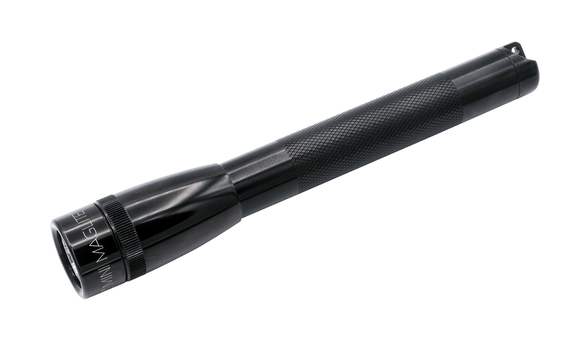 Close up of a black Maglite LED flashlight with a knurled grip