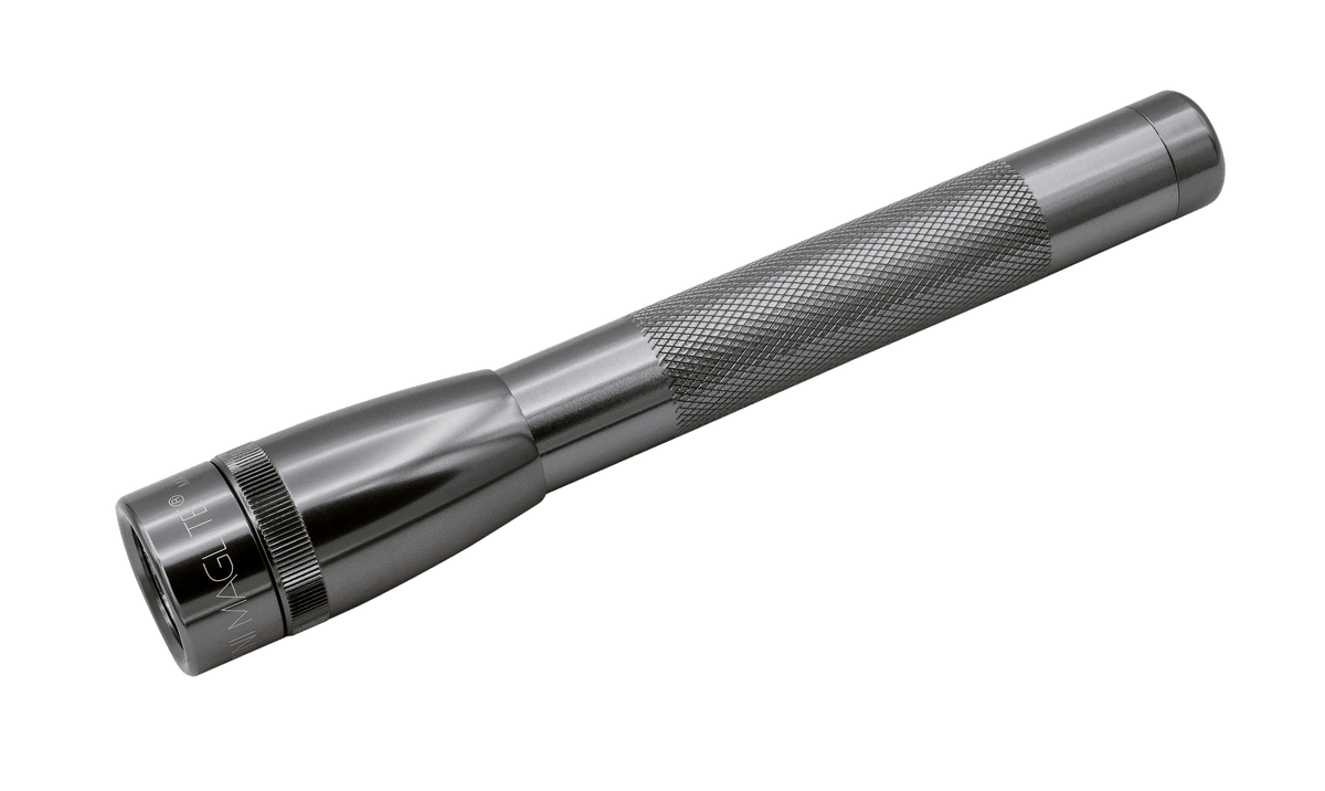 Gray Maglite Mini LED flashlight with diamond knurled grip