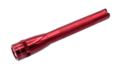 Red Maglite Mini LED flashlight with knurled grip and lanyard hole