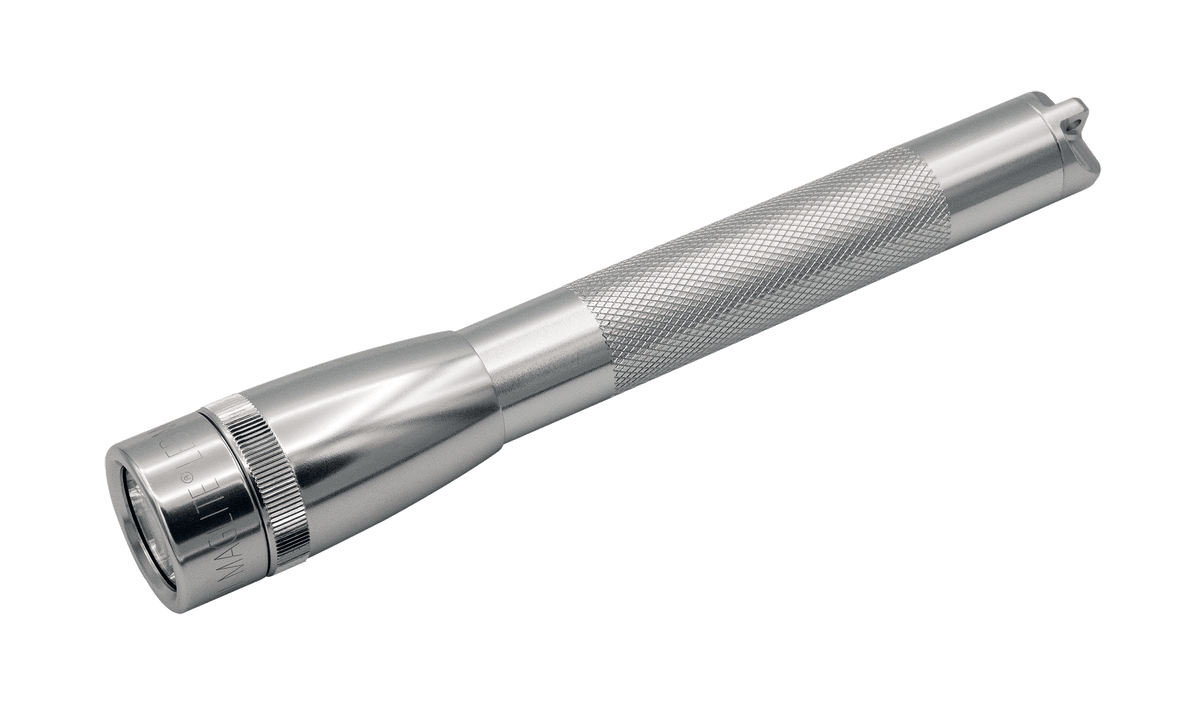 Silver Maglite Mini LED flashlight with textured knurled grip