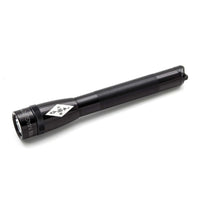 Diagonal view of a black Mini Maglite Pro LED 2 AA flashlight with knurled grip and ARRL emblem on the body