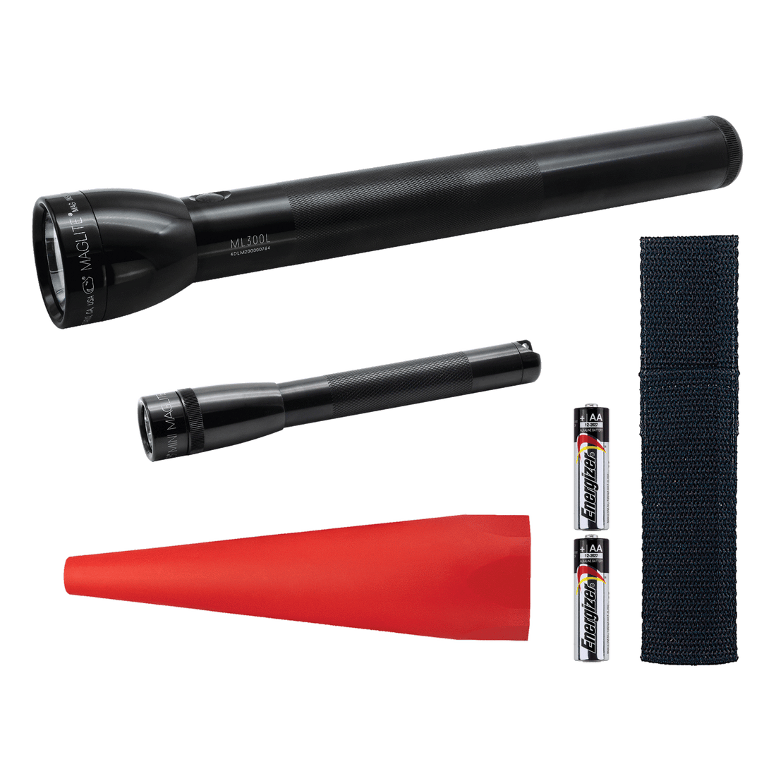 Maglite ML300L 4-Cell D LED flashlight, Mini Maglite® Pro AA LED flashlight NOW WITH NEW ECO MODE FEATURE, JUST TWO QUICK TWISTS TO ACTIVATE, AA batteries, AA holster, red safety wand for the ML300L. 
