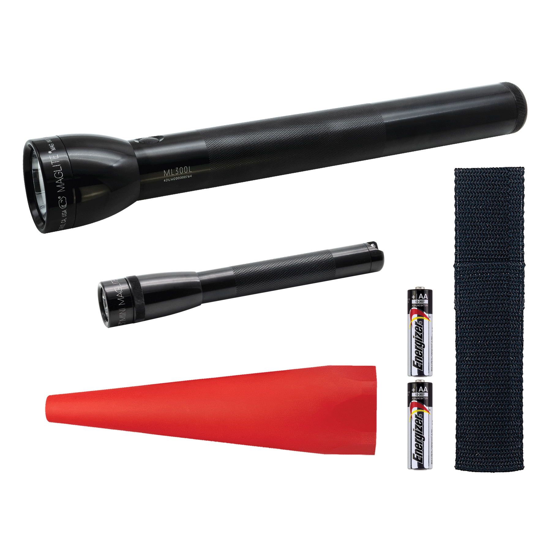 Maglite ML300L 4-Cell D LED flashlight, Mini Maglite® Pro AA LED flashlight NOW WITH NEW ECO MODE FEATURE, JUST TWO QUICK TWISTS TO ACTIVATE, AA batteries, AA holster, red safety wand for the ML300L. 