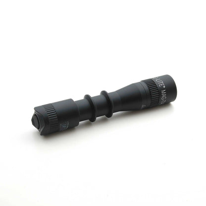 Close up of the MAG-LITE MAG-TAC 2 TL black flashlight with plain bezel, focusing on the knurled midsection.