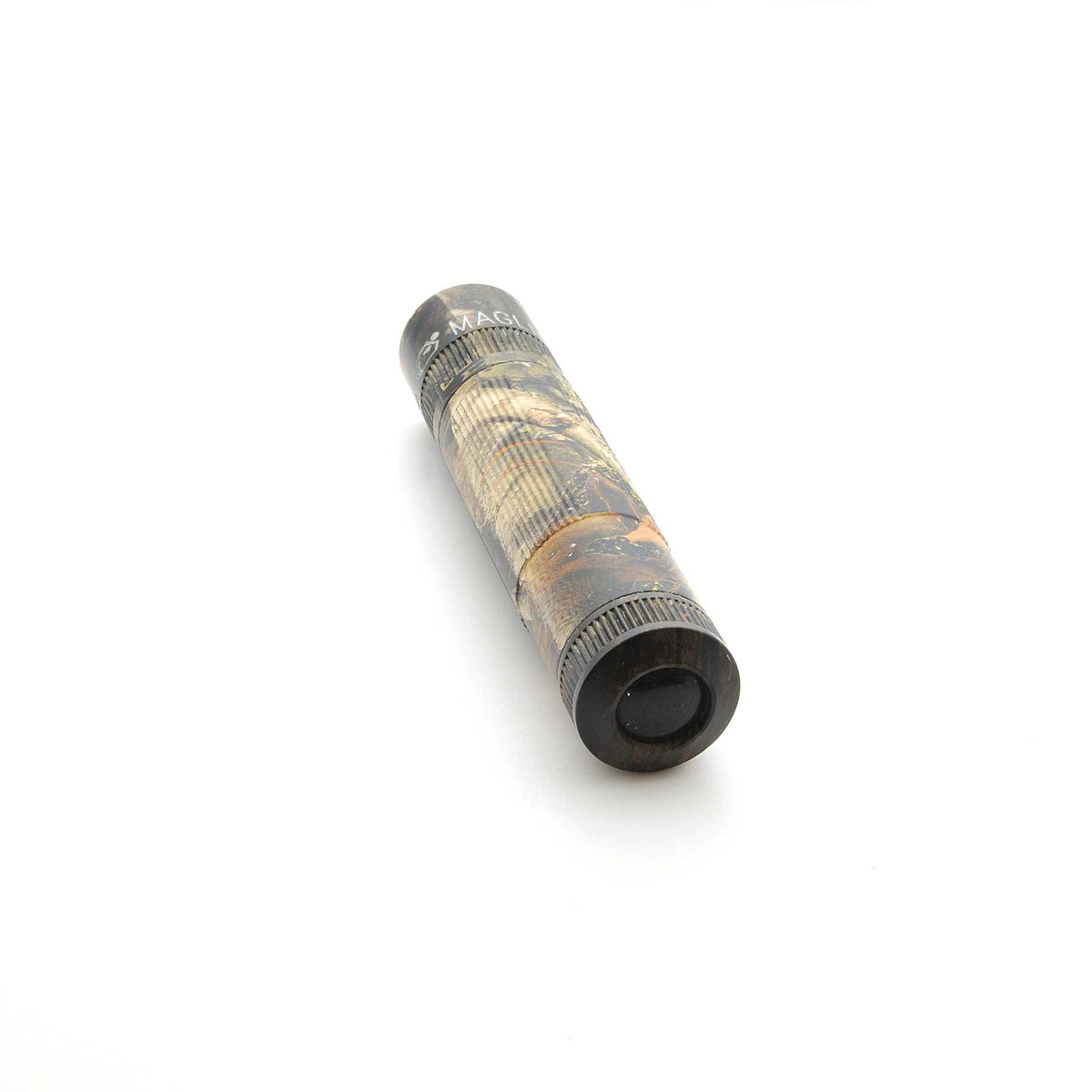 Close up of camo Maglite XL50 end cap and lens against a white background