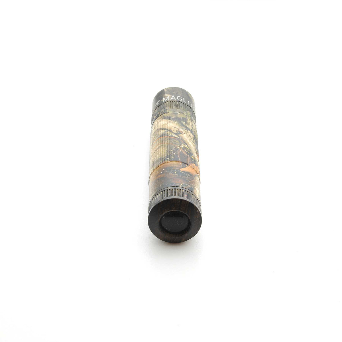 Maglite XL50 flashlight in Mossy Oak New Country DNA camouflage viewed from above with camo body and knurled head