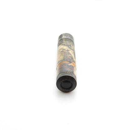 Maglite XL50 flashlight in Mossy Oak New Country DNA camouflage viewed from above with camo body and knurled head