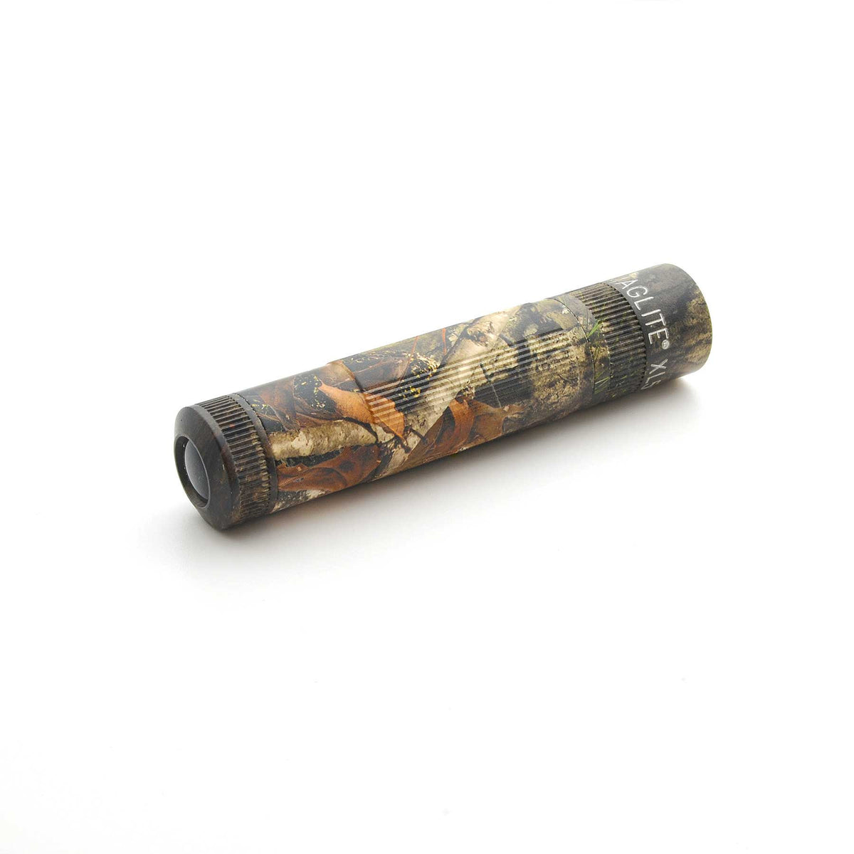 Maglite XL50 flashlight in Mossy Oak New Country DNA camouflage shown from the side