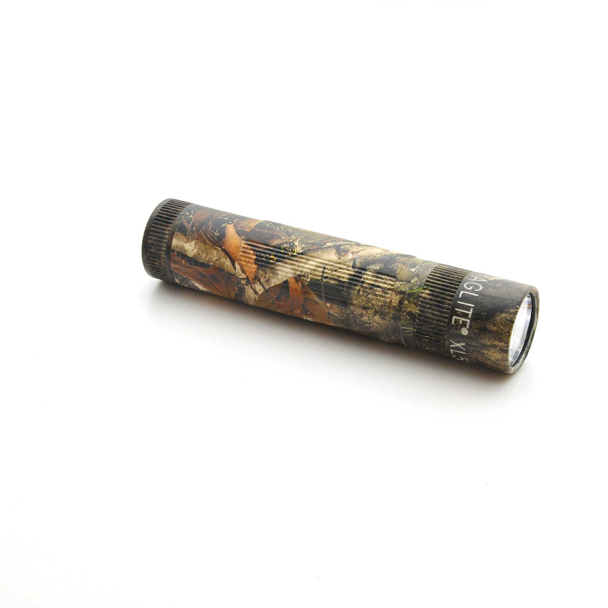 End view of Mossy Oak New Country DNA Maglite XL50 with visible lens and camo finish