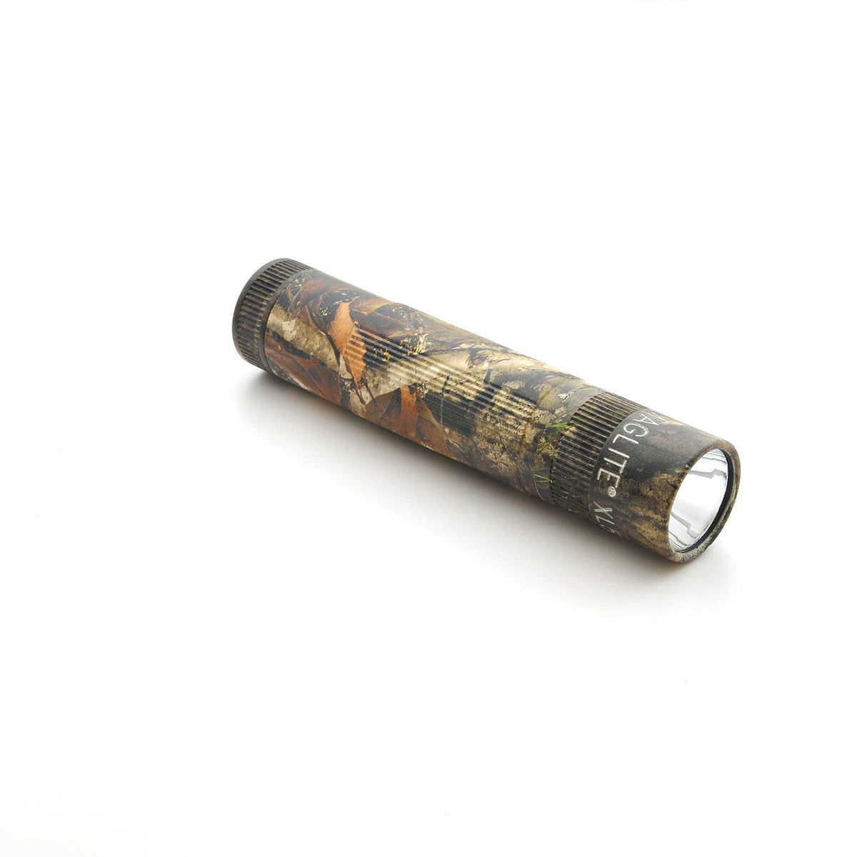 Maglite XL50 flashlight in Mossy Oak New Country DNA camouflage with ribbed tail cap and clear lens