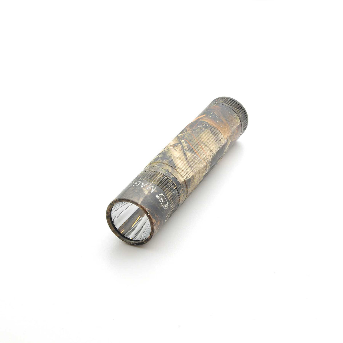 Camouflage Maglite XL50 flashlight in Mossy Oak New Country DNA pattern with front lens toward viewer