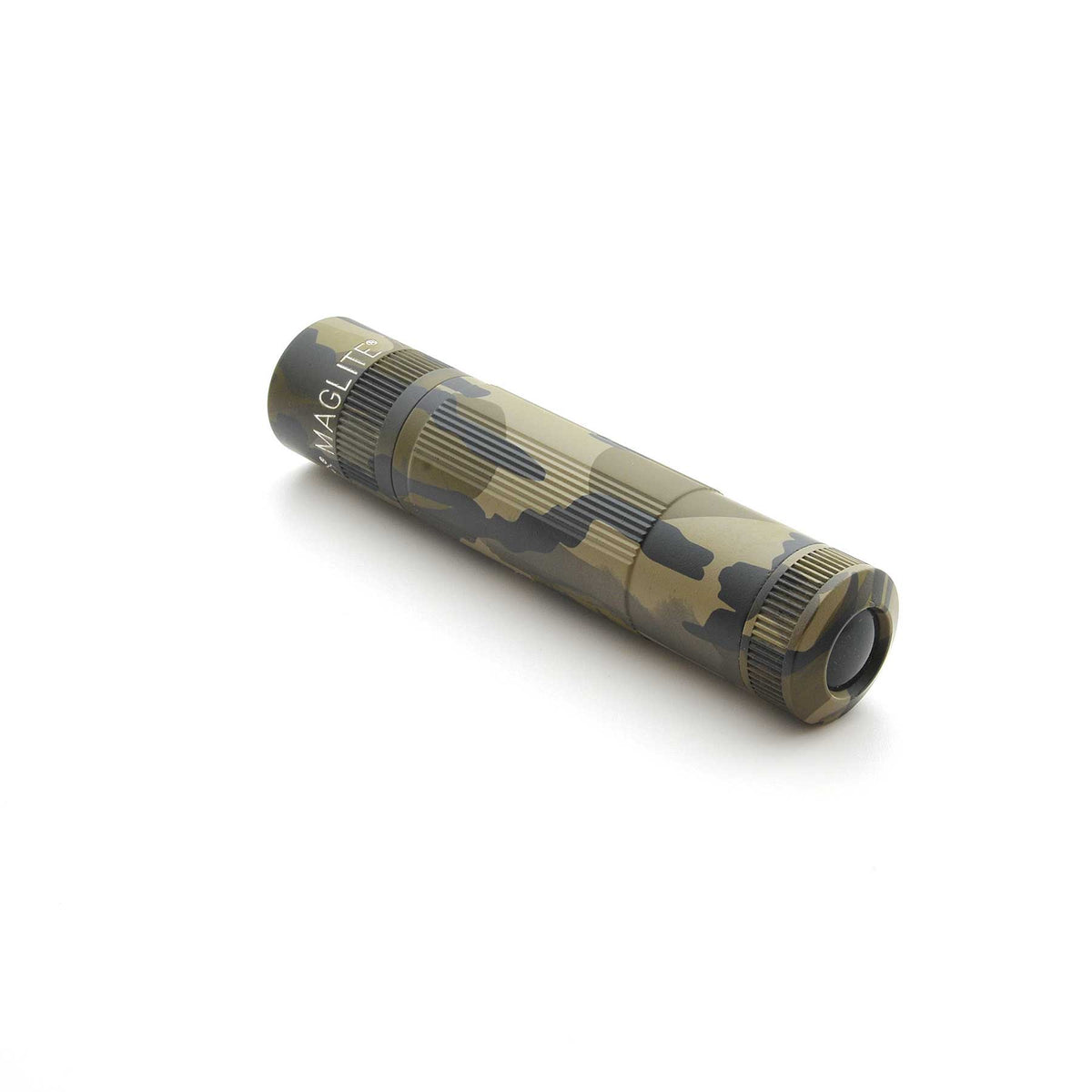 Maglite XL50 flashlight in Mossy Oak Original Bottomland camouflage displayed diagonally across a white background.