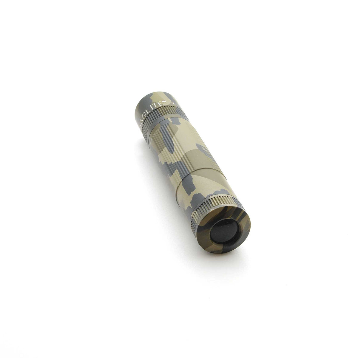 Maglite XL50 flashlight in Mossy Oak Original Bottomland camouflage angled diagonally with knurled grip.