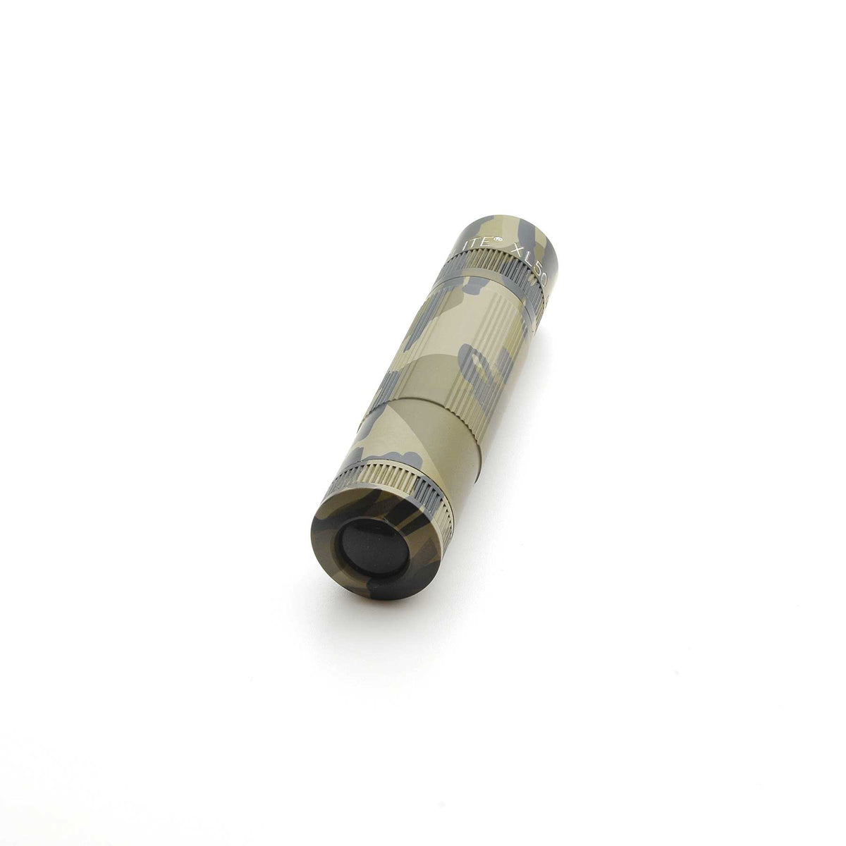 Maglite XL50 flashlight in Mossy Oak Original Bottomland camouflage shown from the end with lens cap visible.