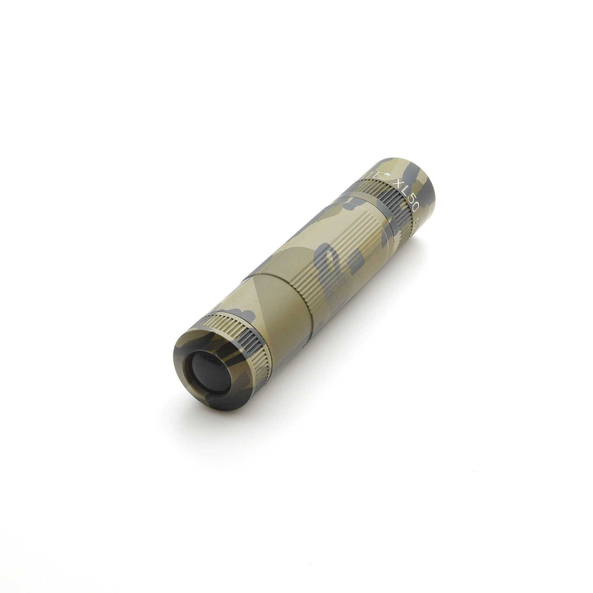 Maglite XL50 flashlight in Mossy Oak Original Bottomland camouflage lying diagonally on a white background