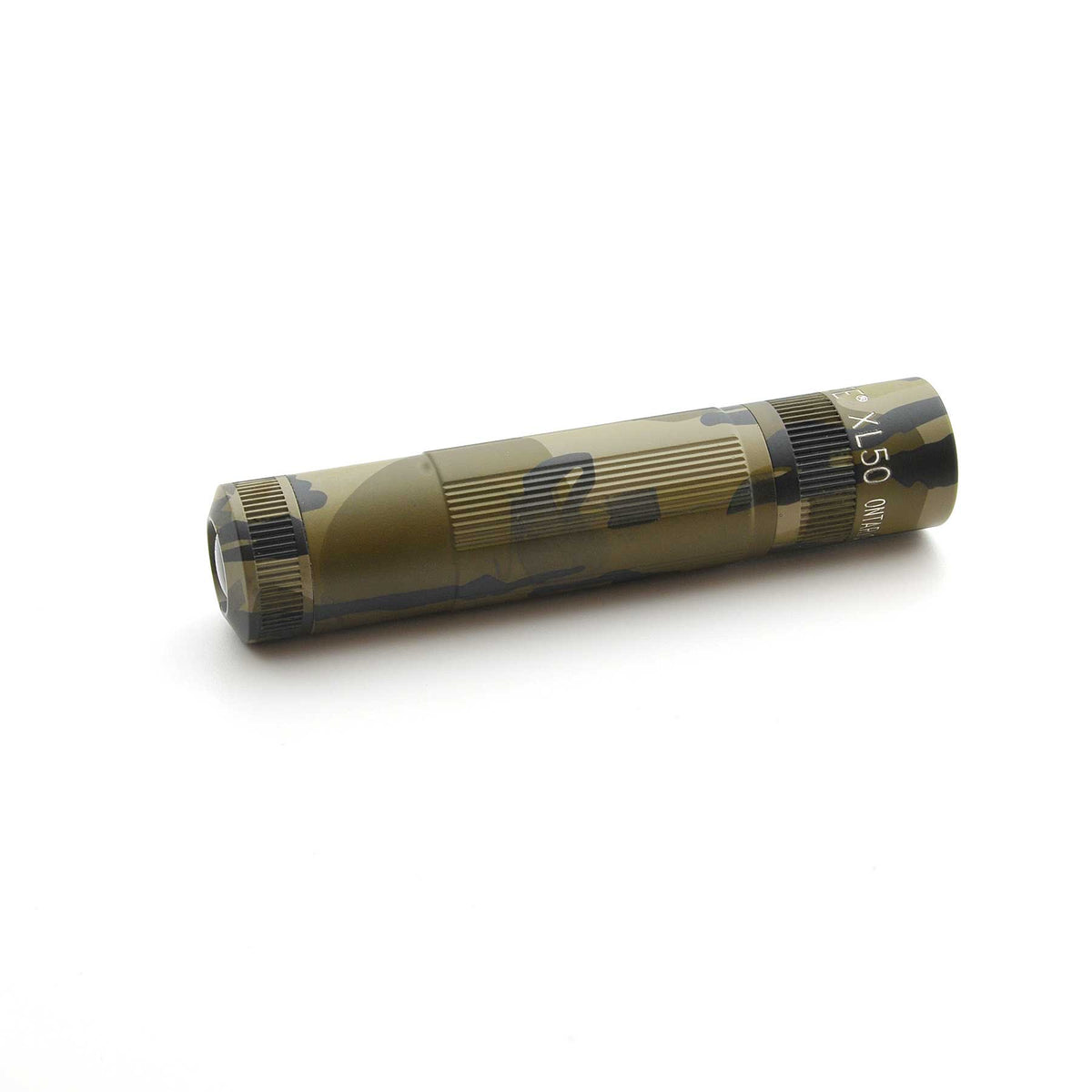 Maglite XL50 flashlight in Mossy Oak Original Bottomland camouflage lying on its side