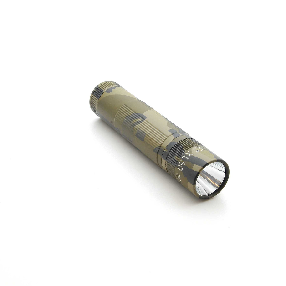 Maglite XL50 flashlight in Mossy Oak Original Bottomland camouflage with clear lens facing forward.