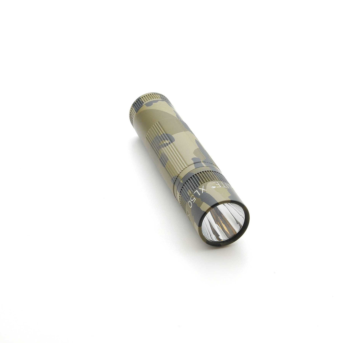 Mossy Oak Bottomland Maglite XL50 flashlight angled to show camo body and ridged grip