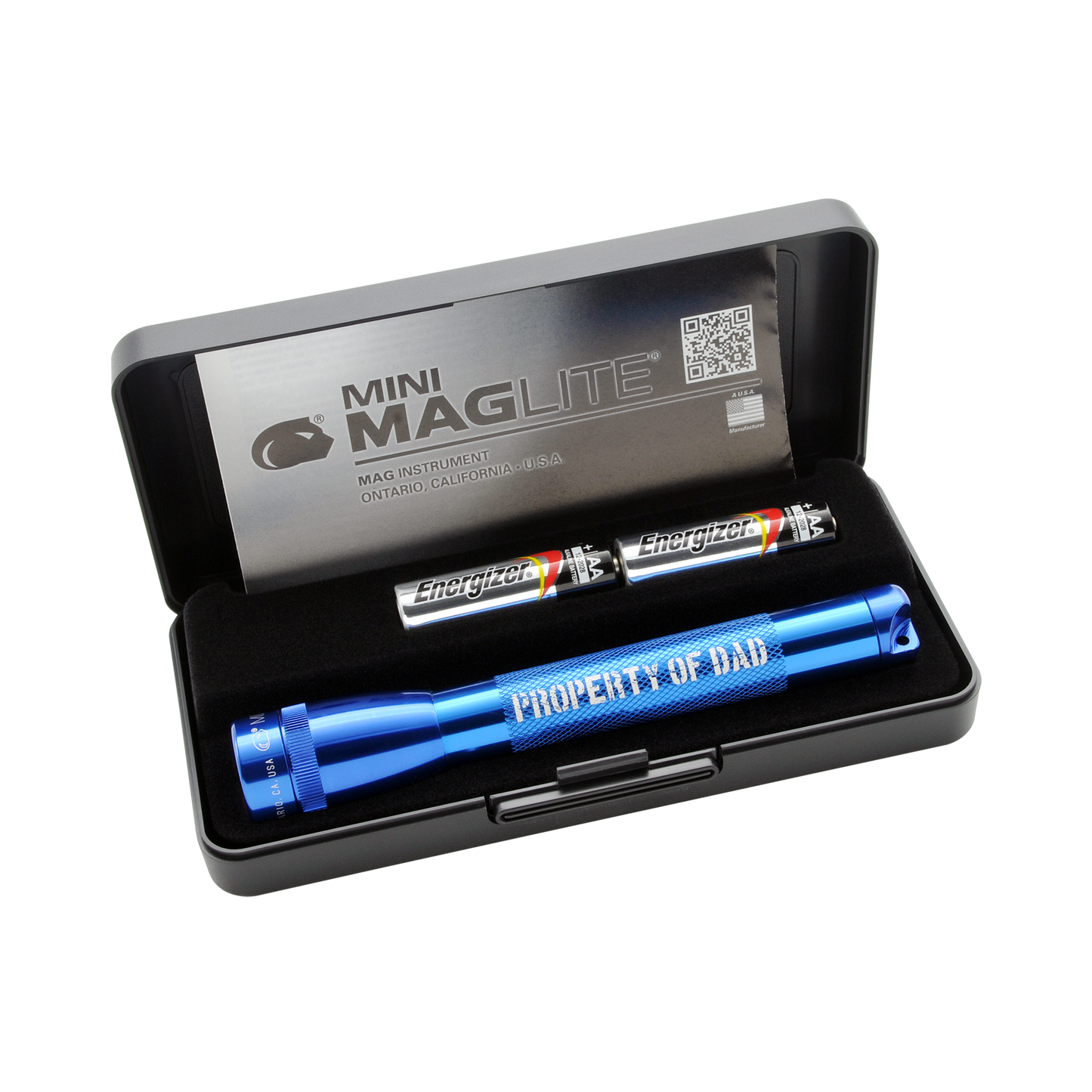 Maglite Mini Xenon 2AA Blue Engraved Property Of Dad