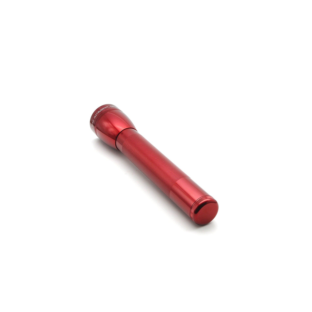 ML25LT LED 3-Cell C flashlight in red, low angle view highlighting knurled grip and tail cap.