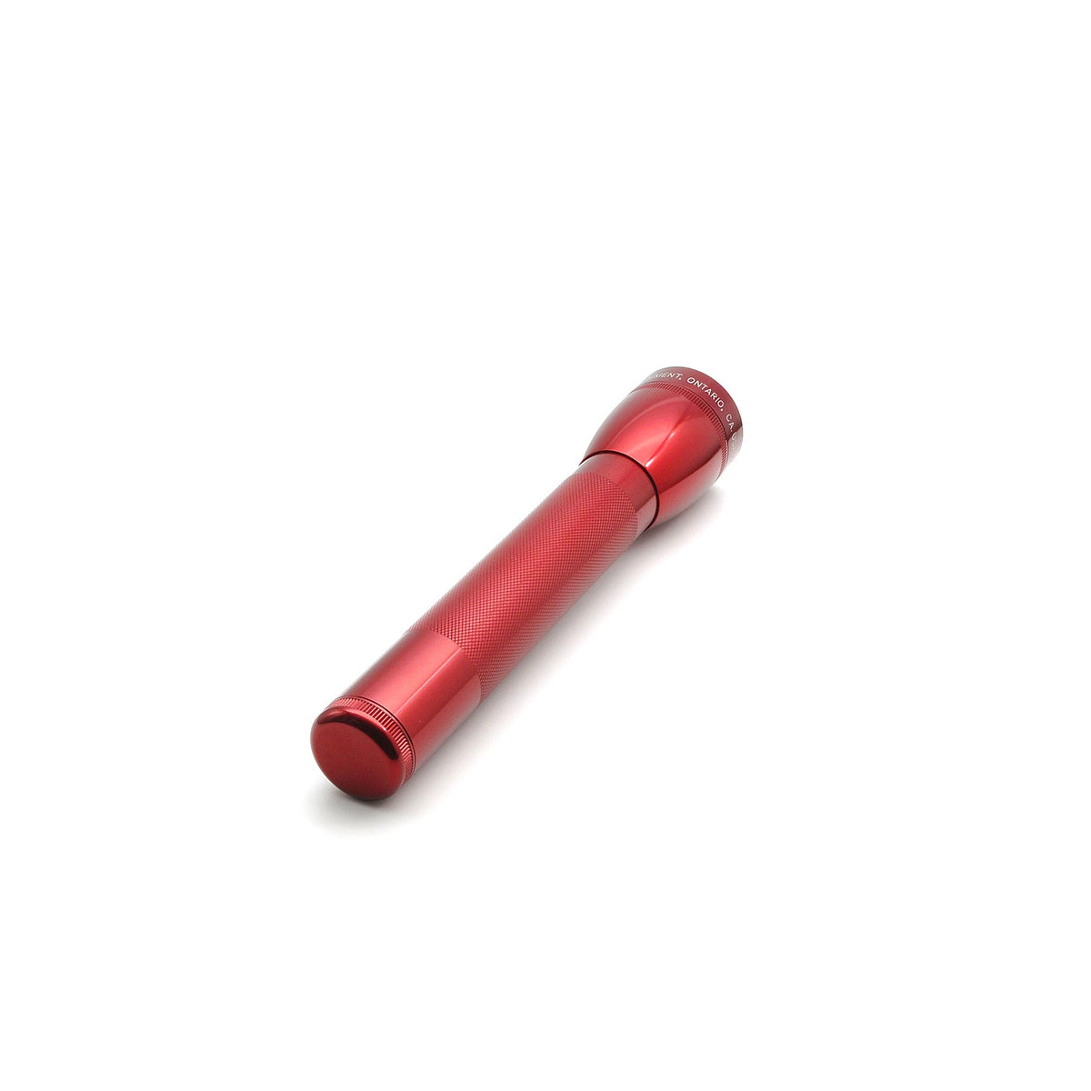 Red ML25LT LED 3-Cell C flashlight close up along the body with textured grip and end cap