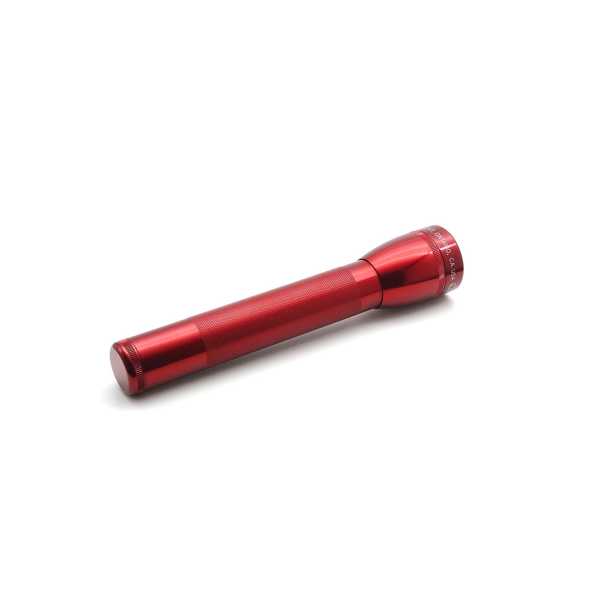 Red ML25LT flashlight with textured body and tail cap angled across a white background