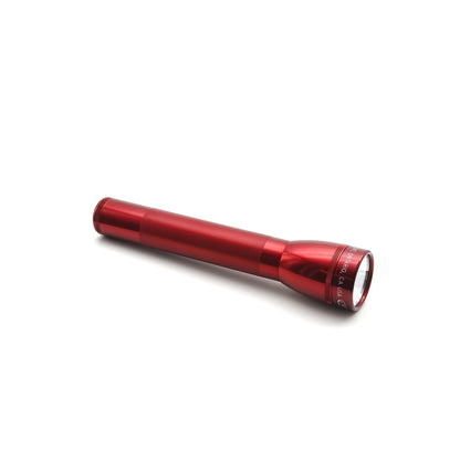Front end of the red ML25LT flashlight with clear lens and knurled barrel visible