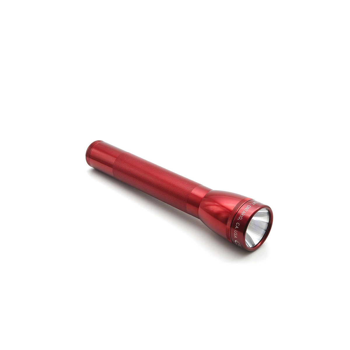 Red ML25LT LED 3-Cell C flashlight with knurled body shown diagonally on a white background.