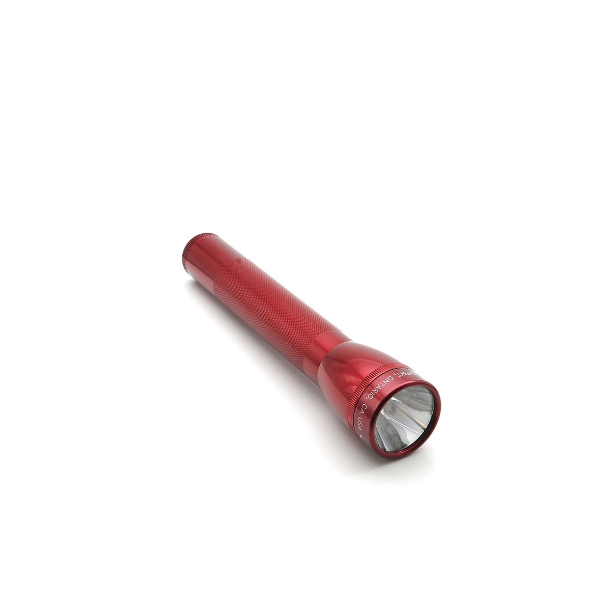 Red ML25LT LED 3-Cell C flashlight angled on a white background, highlighting the knurled grip and bezel.