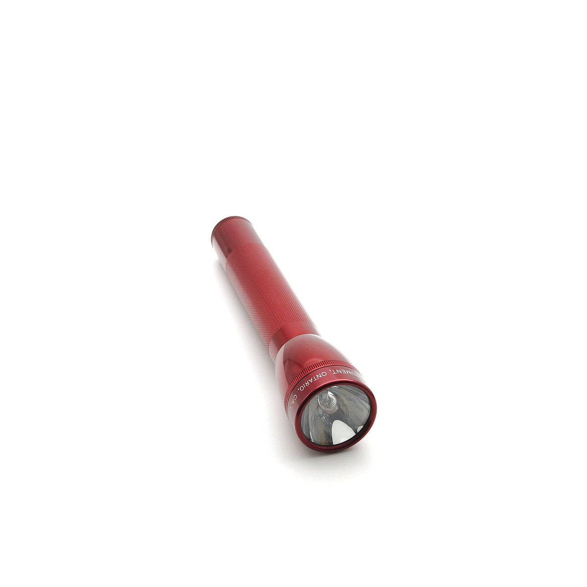 Red ML25LT LED 3-Cell C flashlight close up of the head with clear lens and engraved bezel.