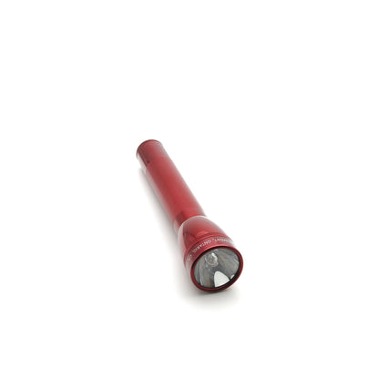 Red ML25LT LED 3-Cell C flashlight close up of the head with clear lens and engraved bezel.