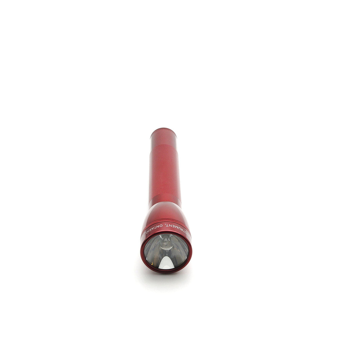 Red ML25LT LED 3-Cell C flashlight shown from below with knurled body and front lens