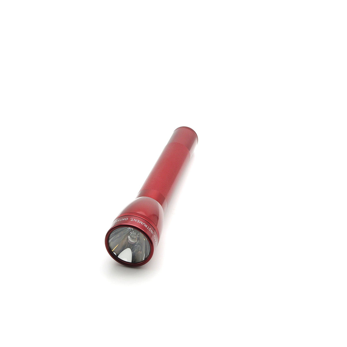 Red ML25LT LED flashlight angled downward with head and lens visible along the knurled body
