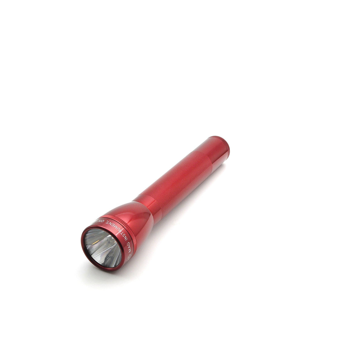 Red ML25LT LED flashlight viewed diagonally with close up on the head and lens