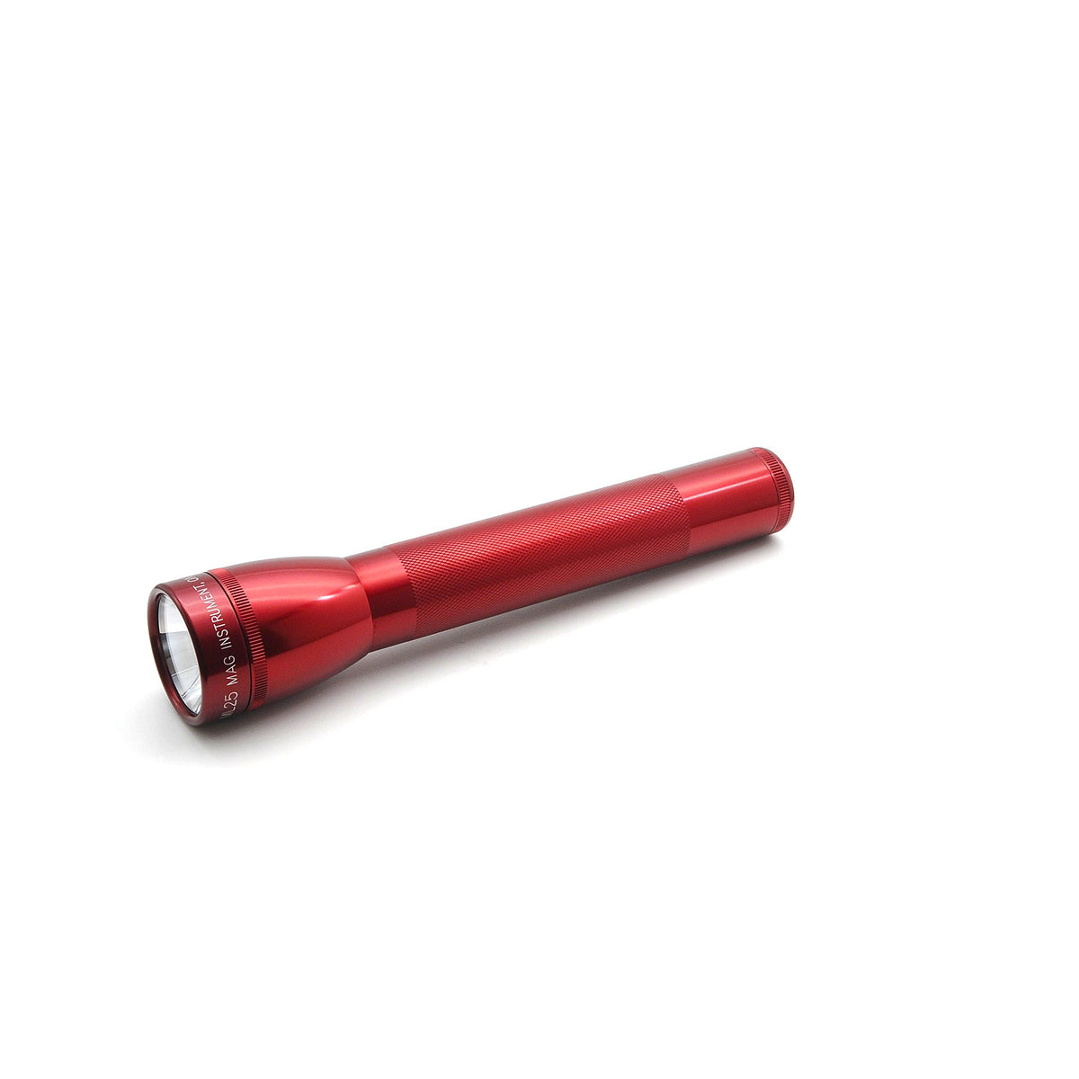 Red ML25LT LED flashlight shown diagonally with knurled body and head at left