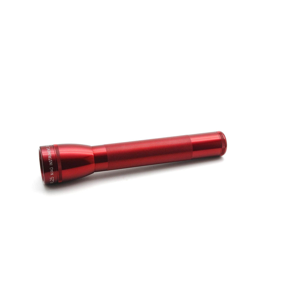 Red ML25LT LED 3-Cell C flashlight angled to reveal its tail end and textured surface