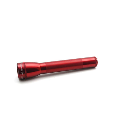 Red ML25LT LED 3-Cell C flashlight angled to reveal its tail end and textured surface