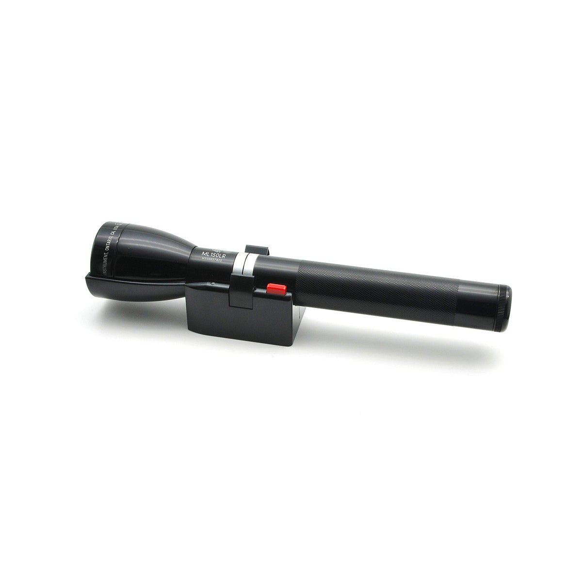 ML150LR Mag Charger flashlight with charging cradle and red switch on a white background.