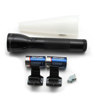 Maglite ML300L LED flashlight with a white protective foam sleeve behind it.