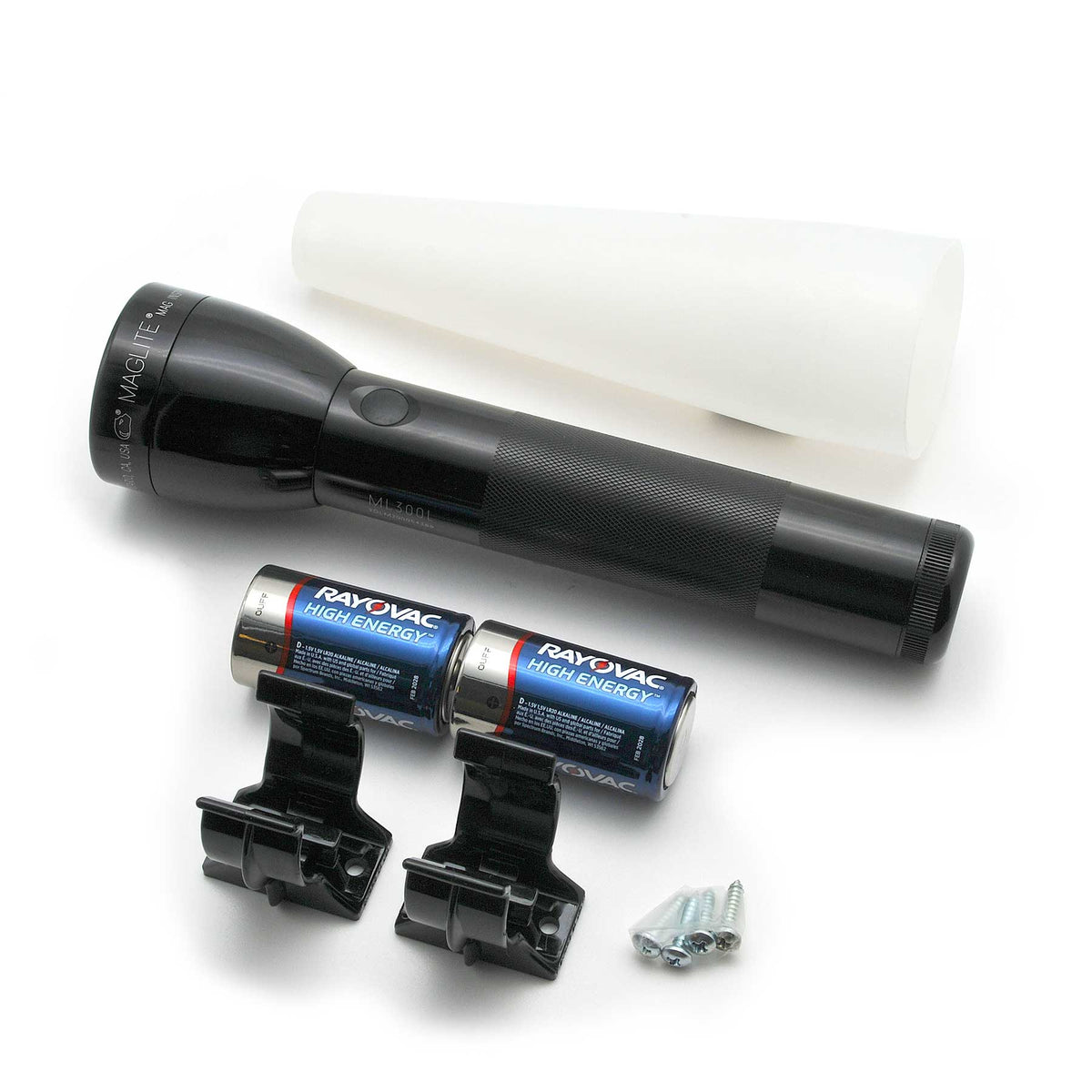 Maglite ML300L LED flashlight with two Rayovac High Energy batteries and mounting brackets.