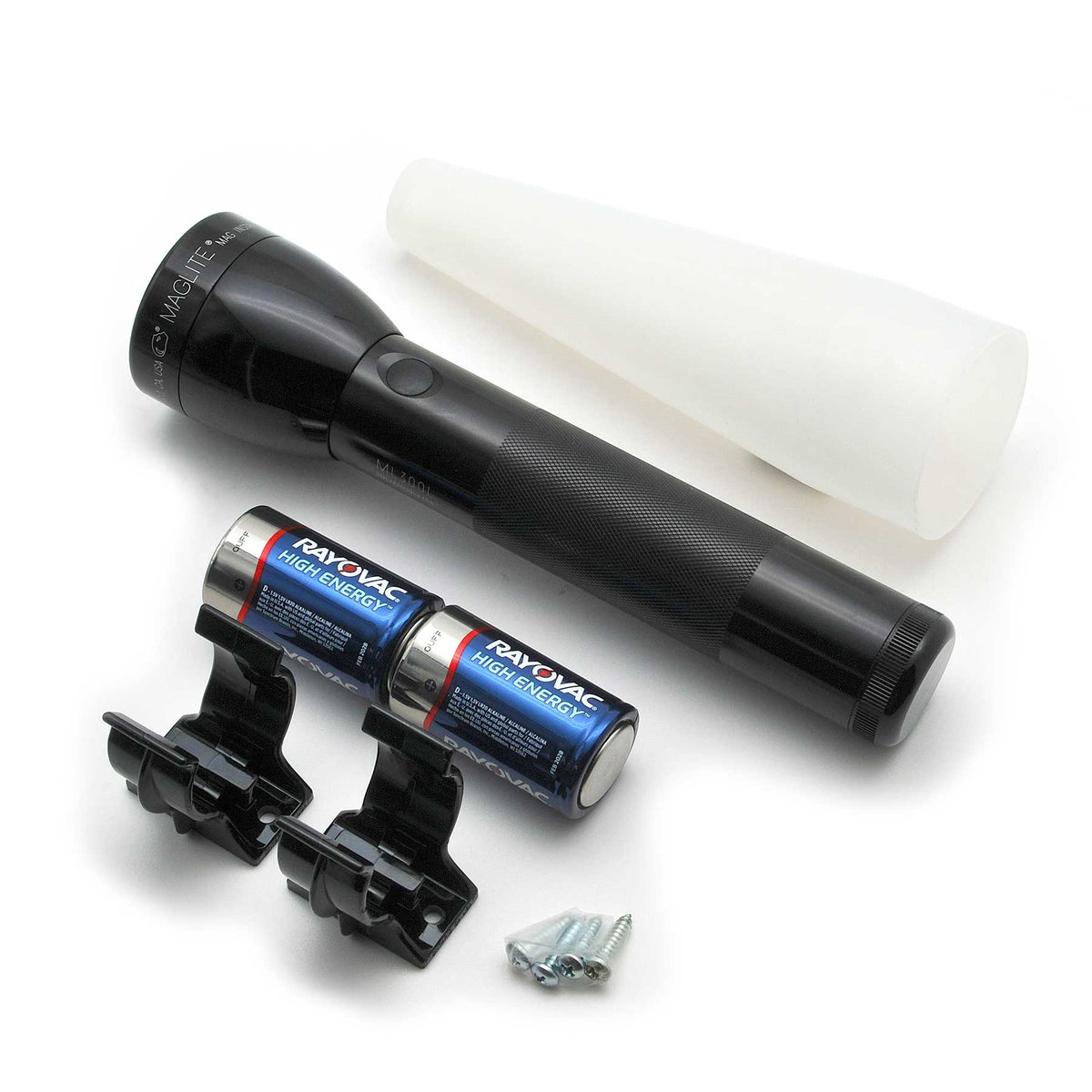 Maglite ML300L LED flashlight with two Rayovac High Energy batteries and mounting hardware on a white background.