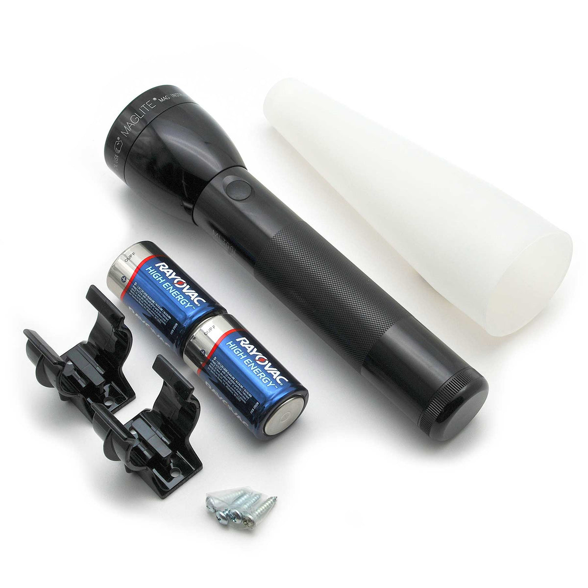 Maglite ML300L LED flashlight with diffuser behind it and mounting hardware on a white background.