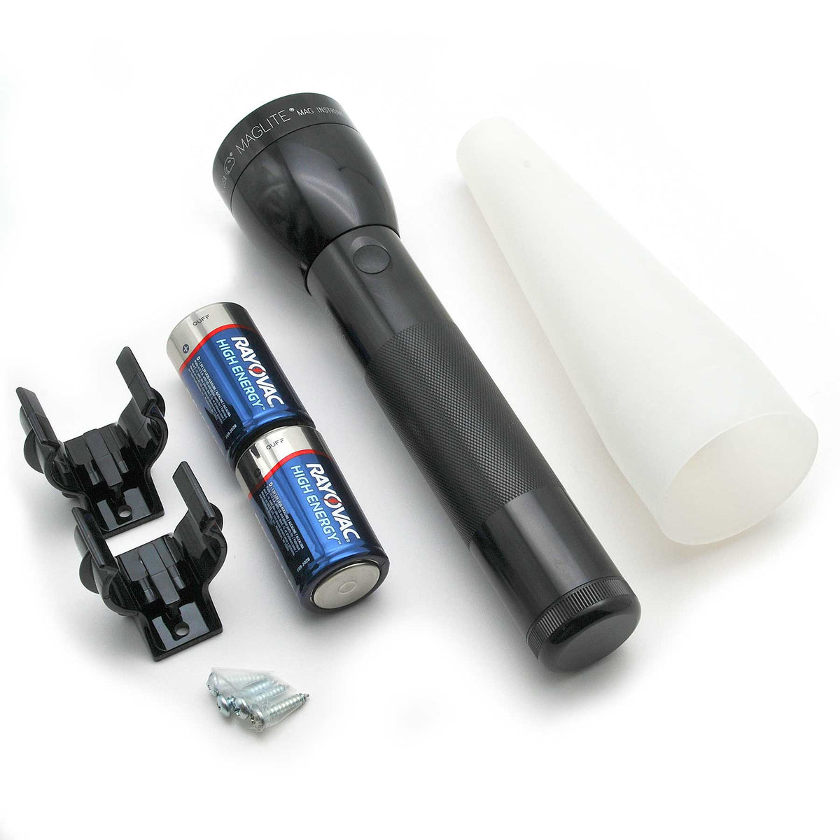 Maglite ML300L adventure pack showing flashlight diffuser mounting brackets screws and Rayovac batteries on a white surface.