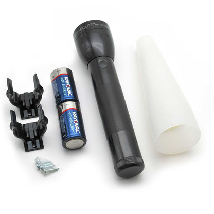 Maglite ML300L flashlight with Rayovac high energy batteries and mounting hardware laid out on a white background