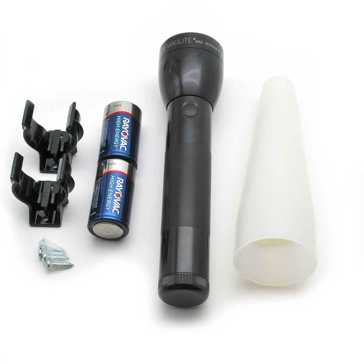 Maglite ML300L flashlight with Rayovac high energy batteries and black mounting bracket in an adventure pack layout
